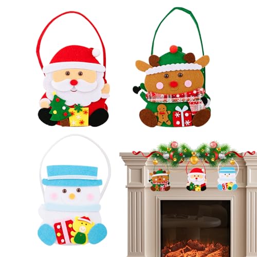 Bolsas de Navidad | 3 unidades de bolsas de Navidad con asa | con diseño festivo cesta de tela para caramelos, galletas, palomitas de maíz, recipiente para aperitivos, escuela, aula, eventos,