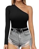 ALGALAROUND One Shoulder Tank Tops for Women Beyonce Ribbed Long Sleeve Shirts Casual Going Out T Shirt Tops Black Medium