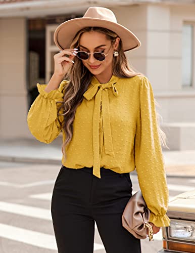 Acevog Women's Blouse With Tie Long Sleeve Button Down Shirt With Ruffled Cuffs Swiss Dot Tunic Top For Work Yellow Medium #TOP1