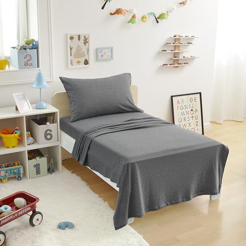 Image of Amazon Basics 3 Piece Bed Sheet Set, 100% Cotton Jersey, Includes Super Soft, Flat and Fitted Sheets, Pillowcase, Toddler, Dark Gray, Solid