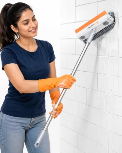 Image of 2 in 1 Bathroom Cleaning Brush with Wiper, Long Handle Floor Scrubber Brush with Water Wiper Blade, Heavy Duty Tile & Floor Cleaning Brush, Multipurpose Bathroom Kitchen Floor Cleaner Tool (Orange)
