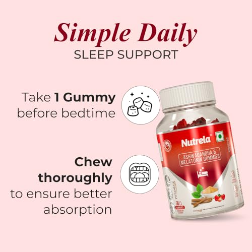 Image of Nutrela Ashwagandha & Melatonin Sleep Gummies for Men & Women | 30 Strawberry-Flavored Gummies | Supports Restful Sleep & Stress Relief