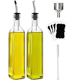 Olive Oil Dispenser Bottle, 2 Pcs Glass Olive Oil Dispenser and Vinegar Dispenser Set with 2 Stainless Steel Pourers, 4 Labels,1 Brush and 1 Funnel Oil Bottles for Kitchen (500ml)