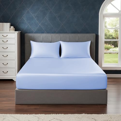 Image of Soft and Silk Satin Fitted Bedsheet for Single Size 36X75 +12 in - Elastic Fitted Sheet 400 TC Hotel Collection for Bedroom | Fitted Sheet with Pillow Cover - Sky Blue, Single Bed