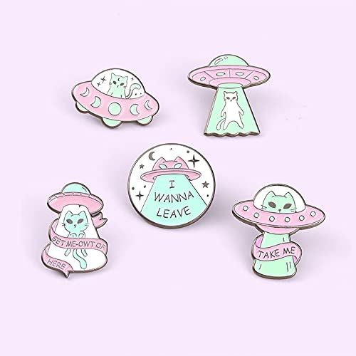 ROFARSO Fun Alien Cat Enamel Lapel Pin Set Cartoon UFO Pin, Halloween Accessory for Backpacks Clothing Bags Hats Shirts (5piccs pin set)2
