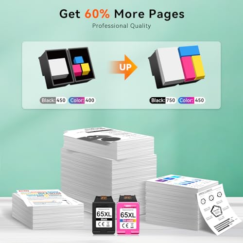 Printer 65XL for 65 Ink Cartridges Black/Color Combo Pack for Ink 65 Work for Deskjet 3755 3752 2652 2600 2622 5070 2655 5000 2640 3700 Envy 5055 Printer (2 Pack) - Image 2