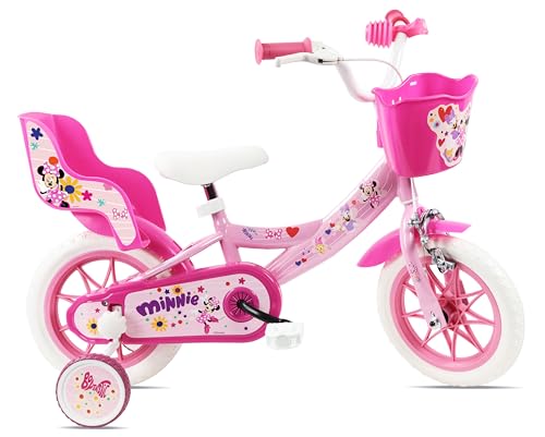 Disney Vélo Enfant 12' Minnie équipé de 1 Frein, Panier Avant, Porte poupée arrière, Garde boues, Carter et stabilisateurs Amovibles sans Outils.
