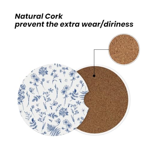 Image of Vintage Blue Flower Car Coasters for Cup Holder Absorbent Ceramic Cup Coaster 2 Pack Anti Slip Car Interior Accessories with Finger Notch Cork Base for Women Men 2.56 inch