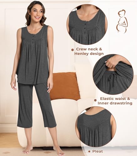 Image of NACHILA Pajamas for Women-Viscose Made from Bamboo, Sleeveless Pjs Top and Capri Pants Pajama Set Cool Pleated Sleepwear