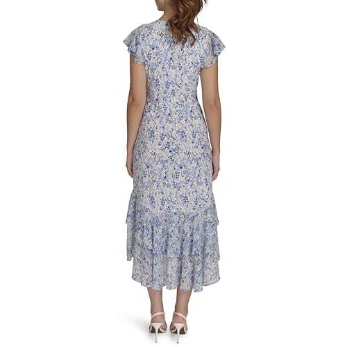 Image of Tommy Hilfiger Women's Flutter Sleeve V-Neck Ruffle Trim Hi-Lo Midi Dress