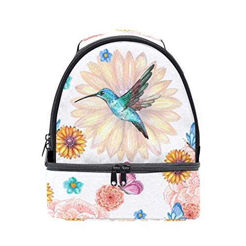 Slhkpns Butterfly Summer Flowers Insulated Lunch Bag Large Dual Compartment Layer,Humming Birds Reusable Thermal Lunch Cooler Box With Detachable Adjustable Shoulder Strap For Kids Women Girls Men. #TOP23