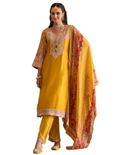Image of INDO ERA Women's Silk Blend Ethnic Motifs Embroidered Straight Kurta & Pant with Dupatta Set (IEOUT12101)