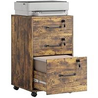 HOMCOM Mobile Filing Cabinet with 3 Drawers and Wheels, Lockable Rolling Under Desk Drawers for A4 and Letter Sized Hanging File Holders, Printer Stand for Home Office, Rustic Brown