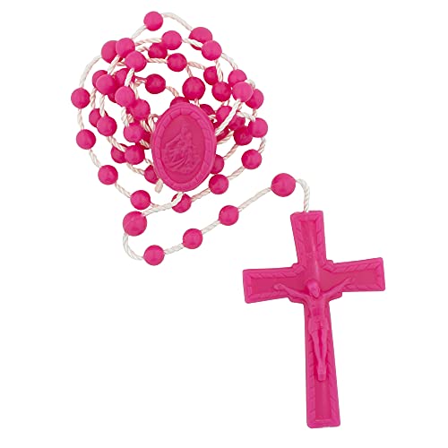 Hot Pink Plastic and Cord Rosary | Tough and Compact | Keep in Wallet or Purse | Great Catholic Gift For First Reconciliation and First Communion | 17