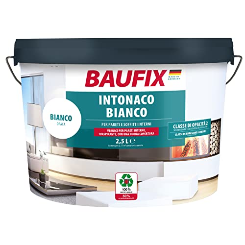 Baufix Pittore bianco opaco, 2,5 litri, colore bianco da parete con elevata opacità, colore interno con copertura classe 2, per pareti e soffitti