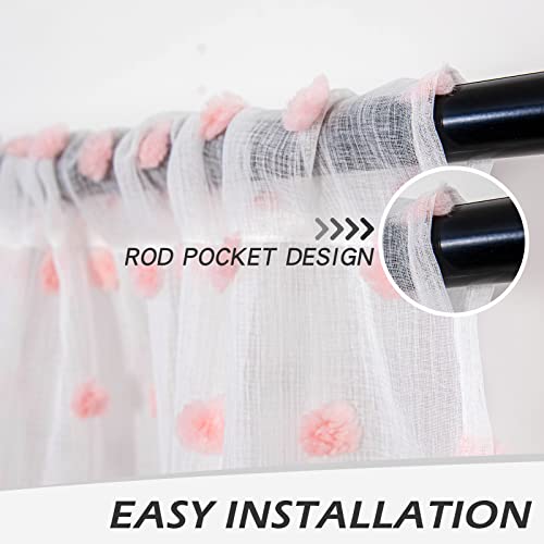 Image of MYSKY HOME Pink Pom Pom Sheer Curtains for Girls Bedroom 54 Inch 2 Panels