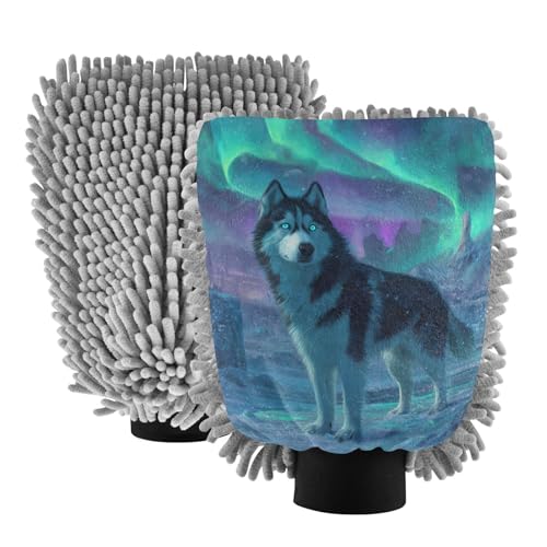 ALAZA Husky Polar Lights Car Wash Mitt Scratch Free, 2 Pack Absorbent Microfiber/Chenille Washing & Drying Mitts, L