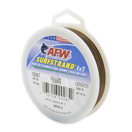 American Fishing Wire Surfstrand, Bare 1x7 Stainless Steel Leader Wire, 40 lb Test, 0.015' Diameter, Camo, 300 ft