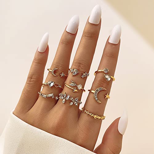 KISS WIFE Golden Stackable Moon Star Knuckle Rings Set for Women, Boho Dainty Lightweight Stacking Rings, Vintage Midi Rings Pack, Trendy Jewelry2