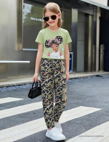 Image of mksodop Girls Outfit Set Graphic T Shirt and Camo Jogger Pants Cute Casual Clothes for Girls 5-16 Years