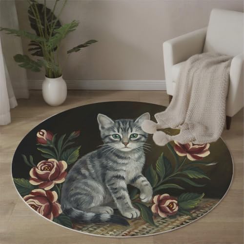 Tapis de salon rond chat rose lavable machine antidérapant - 2