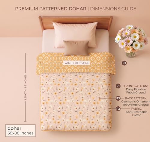 Image of HOMEKART Luxury Cotton Dohar Blanket for Single Bed | Ultra Soft Reversible AC Quilt | Floral Printed Lightweight Summer Blanket | 58x88Inches (Peach Blossom Harmony)