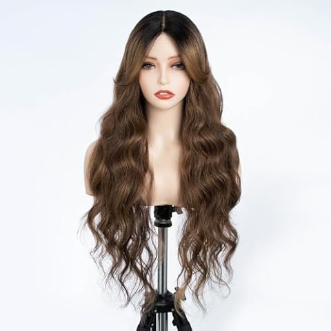 FASHION IDOL Big Wavy Lace Wig with Curtain Bangs 28 Inches Body Wavy Heat Resisatnt Synthetic Hair with Middle Part Cover
