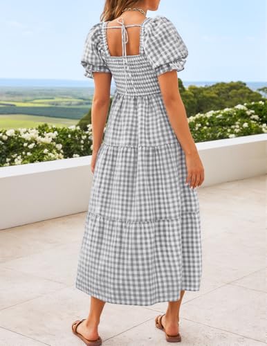 Image of ZESICA Women's 2026 Boho Summer Dresses Gingham Puff Sleeve Square Neck Flowy Beach Midi Dress