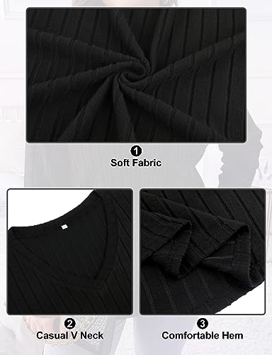 Image of Koscacy Women Plus Size Casual Knit Sweater V Neck Solid Color Tops Lightweight Long Sleeve Blouses