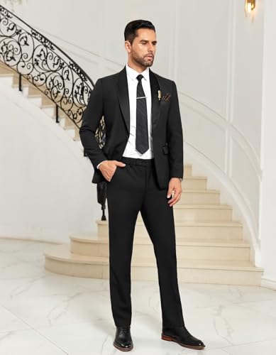 Black Suit Men 3 Piece Slim Fit Suit Business Shawl Lapel Tuxedo for Men Formal Wedding Suits Set Large - Thumbnail 3