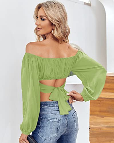 MIRACMODA Woman Off Shoulder Ruched Tie Back Crop Top Summer Lantern Sleeve Boho Shirt Blouse