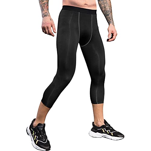 Eargfm Men's 3/4 Compression Pants Athletic Leggings Running Workout Tights Quick Dry Capri Sports Gym Base Layer Black #TOP3