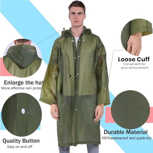 Image of ORILEY EVA Waterproof Raincoat for Men & Women with Hood Reusable Lightweight Rain Poncho Full Sleeves Rain Coat with Button Closure Outdoor Rainwear for Camping Hiking & Travelling (Free Size, Green)