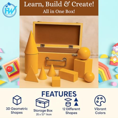 Image of Wooden Geometric Shapes Set for Students & Teachers | 12-Piece 3D Geometry Model Kit in Box | Educational Math & Physics Teaching Aids | Yellow Polished (Yellow, Small)