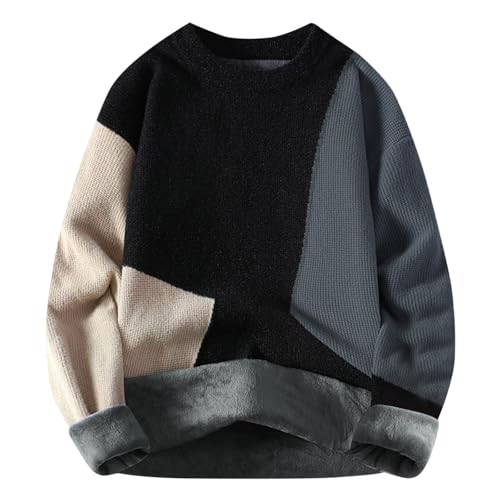 Mens Color Block Patchwork Sweater Cable Knit Chunky Long Sleeve Winter Fleece Casual Warm Knit Pullover Sweaters