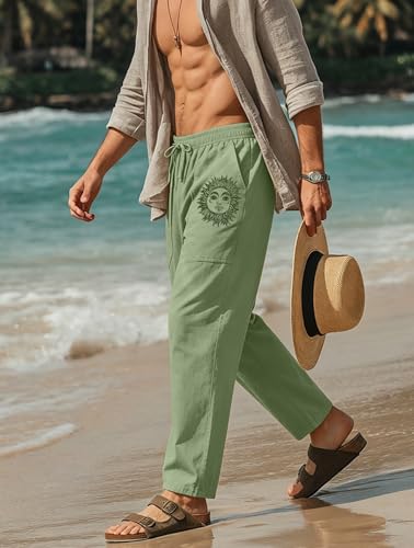 Image of Puimentiua Cotton Linen Pants Men, Summer Beach Pants Loose Fit with Elastic Waist Drawstring