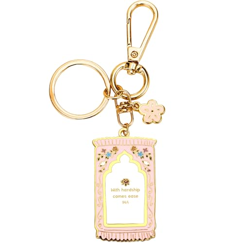 Islamic Keyring - With Hardship Comes Ease Pink Muslim Keychain with Gold-Plated Enamel & Flower Charm Islamic Gifts for Women Muslim Gifts Ramadan Eid Gift Car Key Ring or Bag Purse Accessories