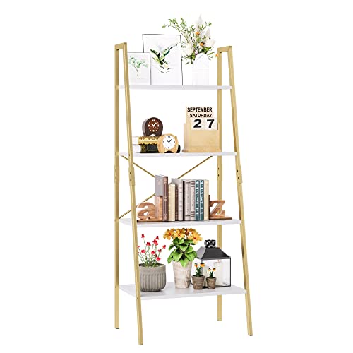 FINETONES Bookshelf 4 Tier, Wood Bookcase with Metal Frame, Open Display Storage Ladder Shelf, Plant Flower Stand Storage Rack for Home Office White/Gold