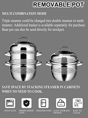 VENTION Thick-Bottomed Stainless Steel Steamer Pot, 3 Tier Food Steamer for Cooking, 28 CM Large Metal Steamer, Work for Electric and Gas Stove, Great for Tamale, Dumpling and Seafood
