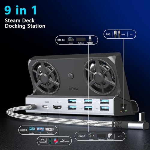9-in-1 Steam Deck Docking Station for Steam Deck/Rog Ally/Switch/Legion Go Dual Cooling Fans 4K@60Hz,6 USB Ports,1000Mbps,Type C 100W PD 40Gbps Adapter