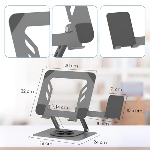Image of Dyazo 360 2-in-1 Laptop Stand with Detachable Mobile Holder | Multi Adjustable Height & Angle, Foldable Metal Design with Cooling Vents | Compatible for MacBook, HP, Dell, Acer, Lenovo & More (Grey)