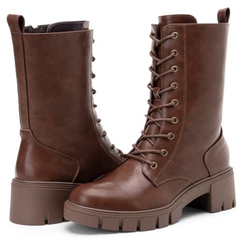 Image of Vepose Women's Mid Calf Combat Lace Up Chunky Platform Boots