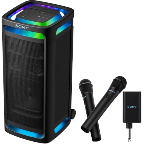 Sony SRSULT900 ULT Tower 9 Bluetooth Karaoke Party Speaker with Carrying Handle and Wheels Bundle ULT Power Sound Series ULT MIC Wireless Microphone (2 Mics, 1 Receiver)