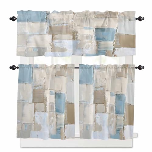 Blue Brown Color Blocks Kitchen Curtains 36 Inch Length,3 Piece Rod Pocket Small Half Tiers and Valance Set,Abstract Oil Painting Geometric Small Large Window Treatment Decor for Bedroom/Bathroom