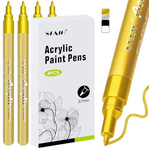 Image of SFAIH Gold Paint Pens - 4 Pack 0.7MM Fine Tip Gold Acrylic Paint Pen for Rock Painting, Wood, Metal, Fabric, Plastic, Canvas, Glass, Ceramic, Diy Crafts, Drawing, Tire