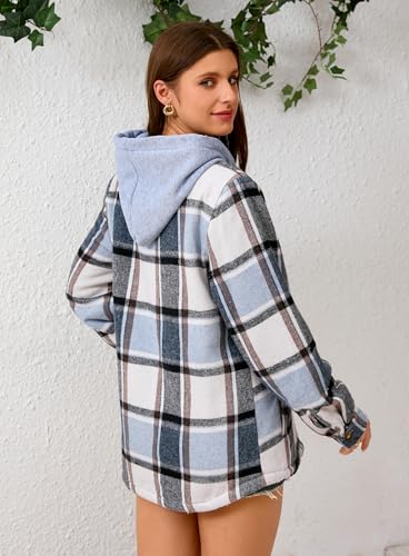 Women's Plaid Flannel Plaid Shacket Button Up Hooded Long Sleeve Fleece Jacket Winter Coat with Side Pockets4
