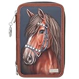 Depesche 13688 Miss Melody Luxury Horse - Gefüllte 3-Fach Federtasche in Dunkelblau und Braun, mit Pferde Motiv und Glitzersteinen, Federmappe mit Buntstiften, Schere, Lineal UVM.