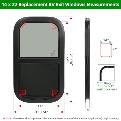 Image of 14 inchW x 22 inchH RV Windows for Cargo Trailer Camper,Tinted Vertical Sliding | Cargo Utility Trailer Window Replacement w /Screen&Trim Ring,Fit 15 /16 inch or 1-3 /8 inch Thick Wall,Allow Error 1 /16,DOT Approved