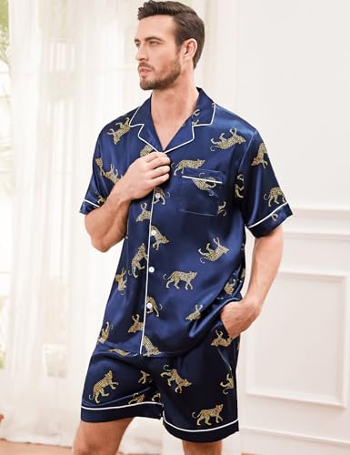 SWOMOG Men Silk Pajama Set Short Sleeve Satin PJs Sets 2 Piece Button Down Sleepwear Soft Summer Loungewear with Pockets3