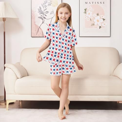 Red Blue Cartoon Star Pattern Summer Satin Pajama Set, Cute Button-Down Sleepwear Pj Set for Sleep Wears3